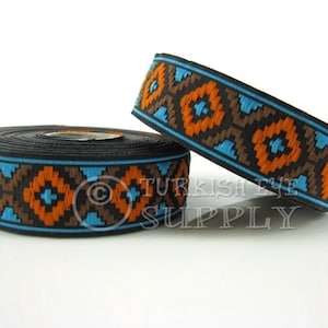 Turkish Kilim Motive Woven Border, Embroidered Ribbon, Sewing Trim, Turquoise, Brown, Orange Jacquard Ribbon, Ethnic Ribbon, Jacquard Trim