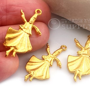 Gold Whirling Dervish Charms, Gold Dervish Pendant, Semazen Charm, Gold Sufi Pendant, 22k Gold Plated, Sufi Findings, 2Pc
