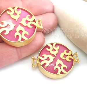 Pink Gemstone Connector, Gemstone Bracelet Findings, Focal Gemstone Pendant, Gold Bezel Connector, Round Jade Connector