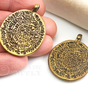 Ciondolo di Festo in bronzo, Disco di Festo greco, Bronzo placcato, Fascino moneta greca, Antica collana cretese minoica, Grande ciondolo medaglione, 1 pc
