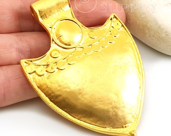 Large Gold Shield Pendant, Tribal Shield Pendant, Gold Spear Head Pendant, 22k Gold Plated Jewelry