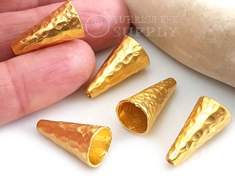 Gold Cone Caps, Hammered Bead Caps, Gold Bead End Caps, Large Cone Caps, Turkish Jewelry Findings, 2 Pc