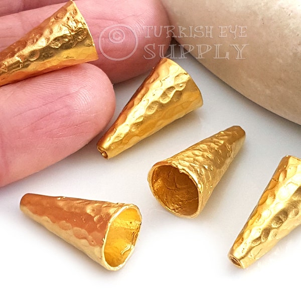 Gold Cone Caps, Hammered Bead Caps, Gold Bead End Caps, Large Cone Caps, Turkish Jewelry Findings, 2 Pc