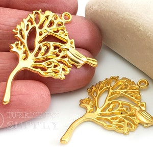 Gold Tree Charm, Gold Tree of Life Pendant, Gold Tree Jewelry Findings, Bird On Tree Charm, 3pc