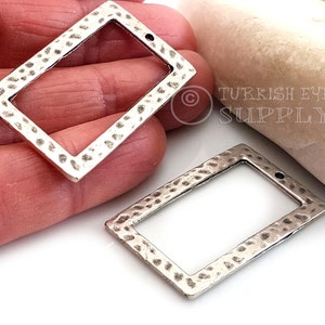 Hammered Silver Rectangle Pendant, Rectangle Link Connector, Minimalist Geometric Jewelry, Silver Earring Findings, 2 pc