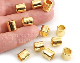 Cuentas espaciadoras de tubo de oro grande, cuentas espaciadoras de tubo martilladas chapadas en oro brillante de 24 k, cuentas de agujero grande, 4 piezas