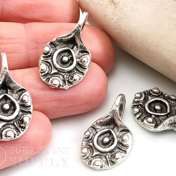 Mini Round Drop Charms, Tribal Coin Charms, Rustic Silver Charms, Silver Tibetan Jewelry, Mala Charms, Bali Charms, 3pc