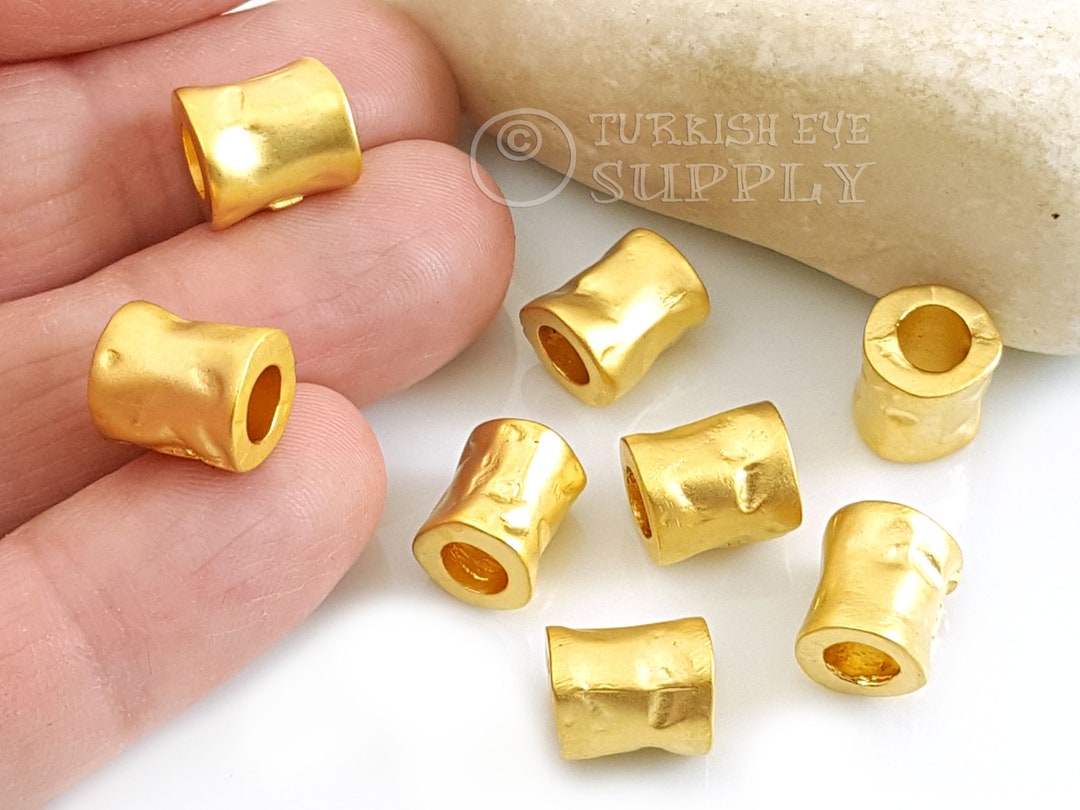 Large Gold Spacer Bead, Hammered Tube Spacer, Large Tube Bead, Leather