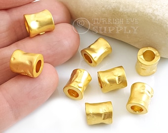 Large Gold Spacer Bead, Hammered Tube Spacer, Large Tube Bead, Leather Cord Bracelet Spacer, 22k Gold Plated, Large Hole Spacer, 4pc