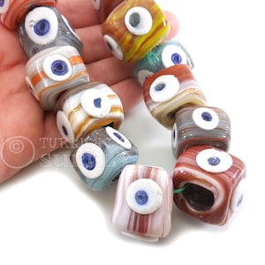 Large Multicolour Evil Eye Cube Beads, Square Spacer Bead, Artisan Handmade Murano Beads, Traditional Turkish Glass Beads, 4pc