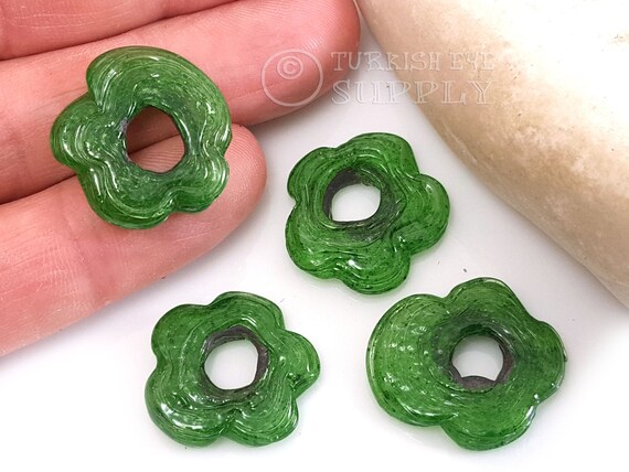 Glass Flower Beads, Flat Beads, Handmade Green Glass Flower Beads, Glass Murano Beads, Rustic Artisan Glass Beads