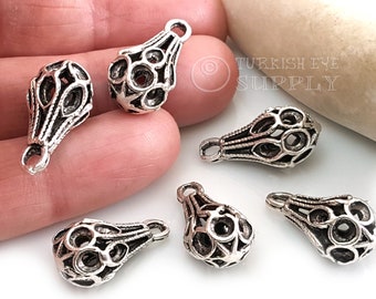 Silver Teardrop Charms, Filigree Teardrop Pendant, Tribal Earring Charms, 2Pc