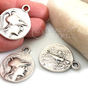 Ancient Greek Coin Pendant, Large Silver Coin Charm, Rustic Coin Pendant, Greek Medallion Pendant, Silver Medallion Necklace Pendant, 2 Pc