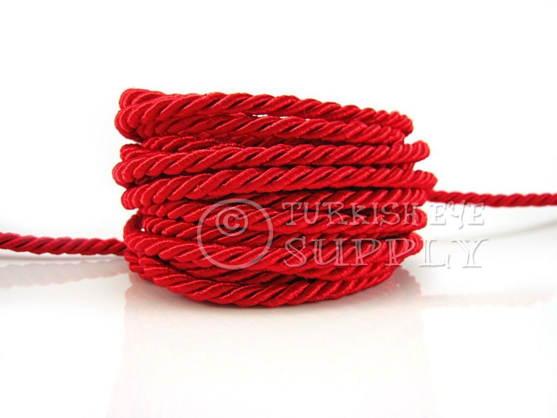 Red 5mm Twisted Rayon Satin Rope Silk Braid Cord 3 Ply Twist 1 Meters 1.09  Yards 