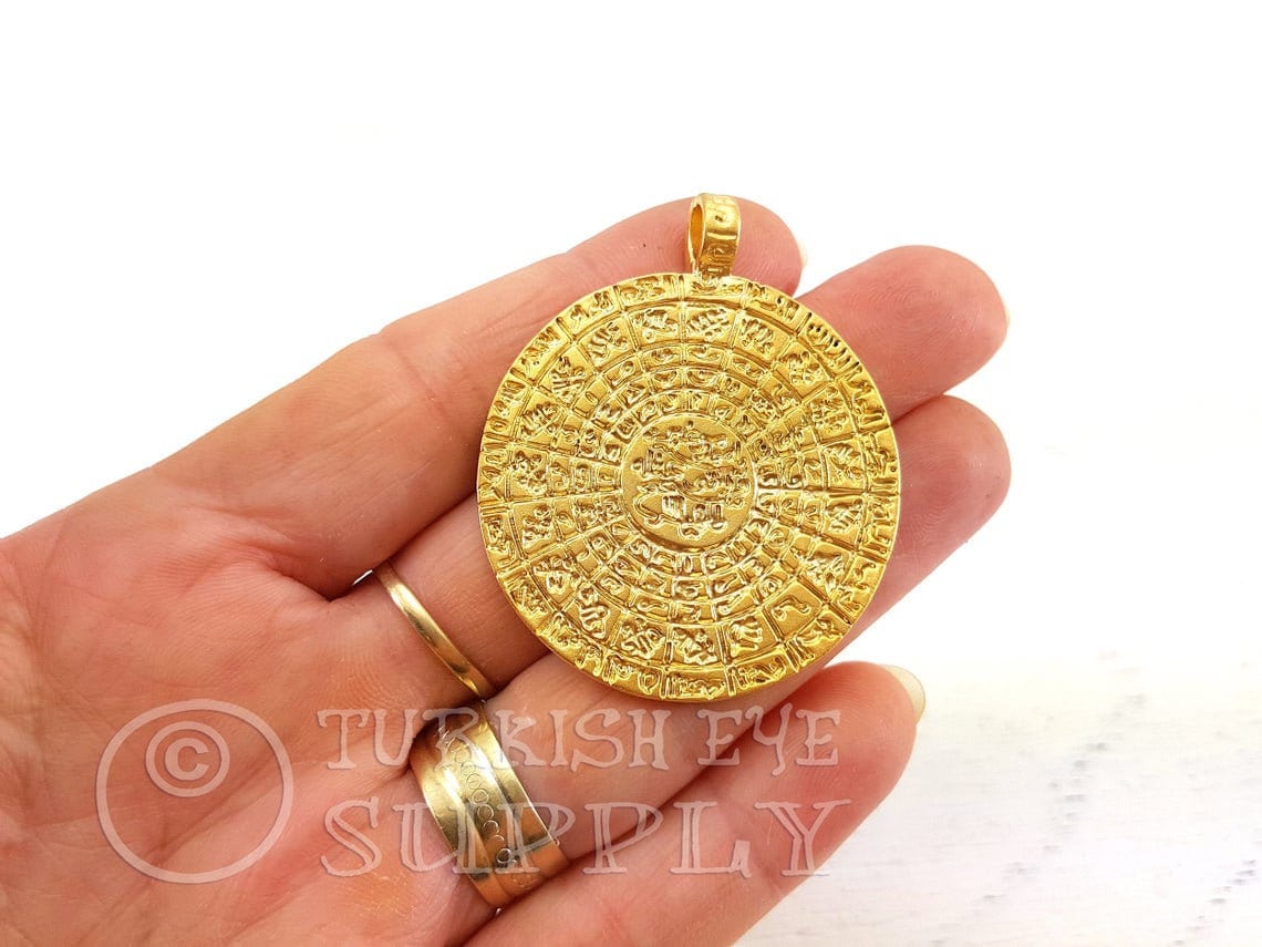 Gold Phaistos Disc, Greek Phaistos Disc, 22k Gold Plated, Ancient Minoan Cretan Necklace, Large Medallion Disc Pendant, 1Pc