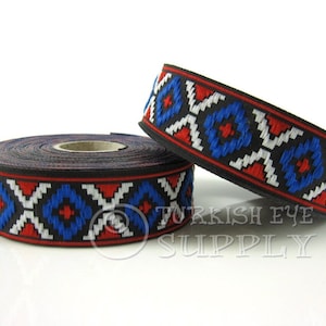 Turkish Kilim Motive Woven Border, Embroidered Ribbon, Sewing Trim, Red, Blue And White Jacquard Ribbon, Ethnic Ribbon, Jacquard Trim, 1m