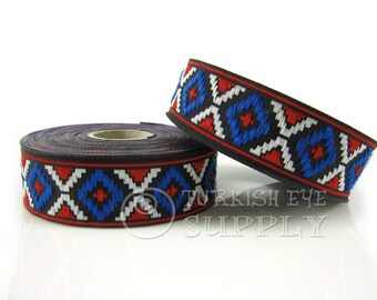 Turkish Kilim Motive Woven Border, Embroidered Ribbon, Sewing Trim, Red, Blue And White Jacquard Ribbon, Ethnic Ribbon, Jacquard Trim, 1m