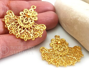 Gold Filigree Charms, Chandelier Earring Component, Multi Loop Pendant, 22k Gold Plated, Filigree Pendant, Oriental Earring Findings