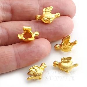 22k Gold Bird Bead, Brass Dove Slider Charm, 5mm Hole Large Metal Bead, 2 Pcs