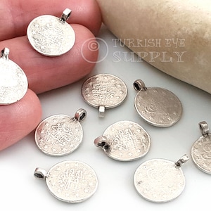 Silver Turkish Coin Charms, Ottoman Coin Replica Charms, Rustic Turkish Coin Findings, Silver Plated, Turkish Jewelry, 10 pc