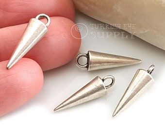 Silver Spike Charms, Silver Drop Charms, Antique Silver Plated Charms, Silver Jewelry Findings, 6 pc