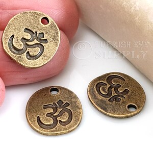 Bronze Om Charms, Round Om Symbol, Om Drop Charms, Yoga Charms, Antique Bronze Tibetan Jewelry, Chakra Charms, Bali Charms, 4 pc