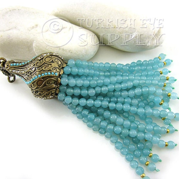 Grand pompon en perles de jade, pompon en pierres précieuses turquoises, pompon en bronze antique, collier avec pompon turc, bijoux turcs