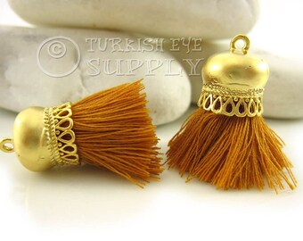 Tassel Charm, Tobacco Brown Short Cotton Tassel, Thread Tassel, 22k Gold Plated Cap, Tassel Bracelet, Tassel Necklace Jewelry, 2pc