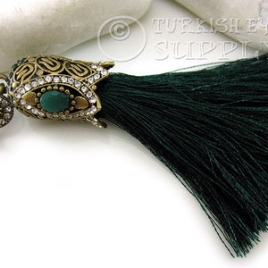 Green Silk Tassel, Antique Bronze Cap, Tassel Charm, Ornate Tassel Cap, Handbag Accessories, Tassel Jewelry, Tassel Necklace, GS, 1Pc