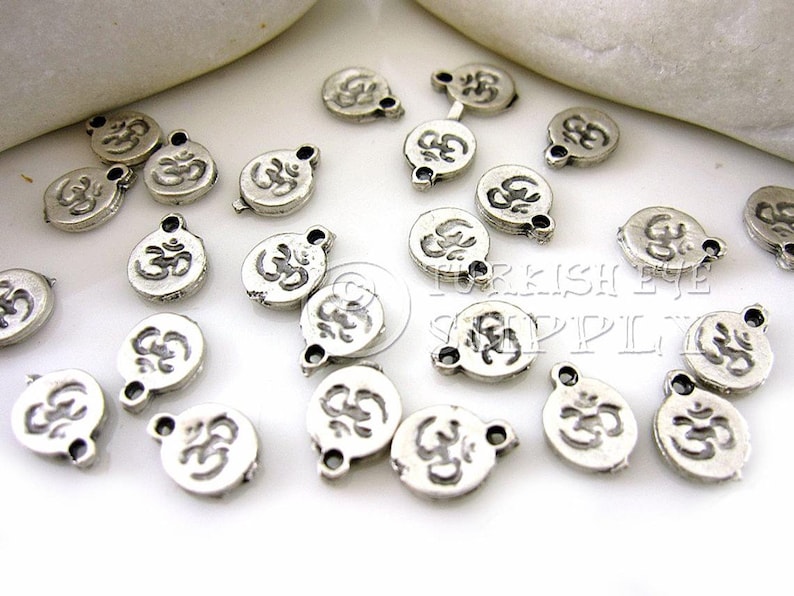 Bali Charms Yoga Charms Tiny Om Drop Charms Chakra Charms Silver Om Charms Rustic Silver Tibetan Jewelry 10 pc Round Om Symbol