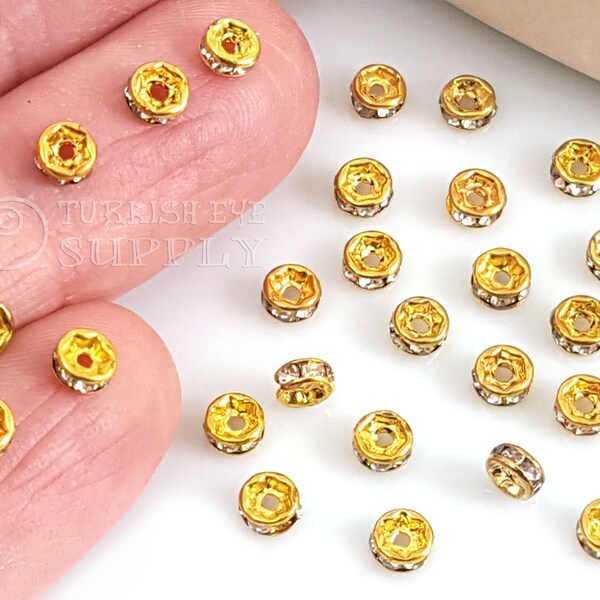 Rhinestone Spacer Beads, Mini Gold Rondelle Beads, Tiny Pace Spacer Beads, Gold Spacer Findings, 10Pc