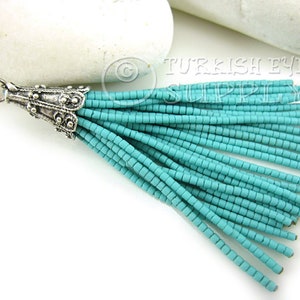 Cyan Beaded Tassel, Seed Beaded Tassel, Afghan Tassel Charm, Silver Tassel Pendant, Heishi Beaded Tassel, Earring Tassels