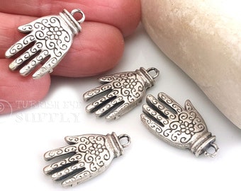 Silver Hamsa Charm, Mini Silver Hand Pendant, Antique Silver Plated Hand of Fatima Pendant, Silver Jewelry Findings, 4pc