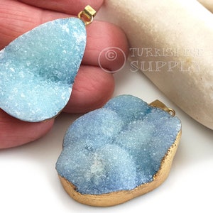 2pc Blue Quartz Druzy Crystal Pendant, Gold Electroplated Druzy, Druzy Quartz Stone Pendant, Druzy Gemstone Pendant, Chakra Pendant