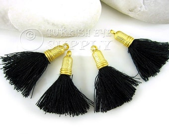 Black Tassel, Mini Cotton Thread Tassel, 22k Gold Plated Cap, Tassel Earring, Tassel Bracelet, Tassel Finding, Tassel Necklace, 4pc