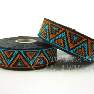 Chevron Woven Border, Embroidered Ribbon, Sewing Trim, Turquoise, Brown, Black And Orange, Jacquard Ribbon, Ethnic Ribbon, Jacquard Trim, 1m