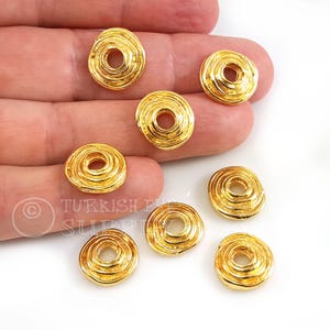 24k Shiny Gold Plated Swirl Beads, Rustic Disc Charms, Large Gold Spacer Beads, Large Hole Beads, 4pc
