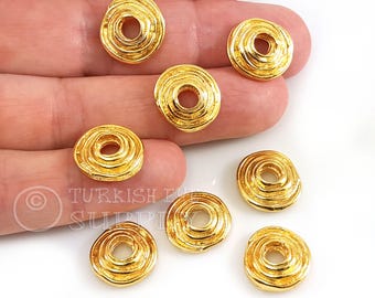 Contas de redemoinho banhadas a ouro brilhante 24k, pingentes de disco rústico, contas espaçadoras grandes de ouro, contas com furos grandes, 4 peças