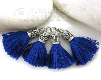 Blue Cotton Tassel, Mini Cotton Tassel, Antique Silver Plated Cap, Tassel Earrings, Tassel Bracelet, Tassel Findings, Tassel Necklace, 4pc