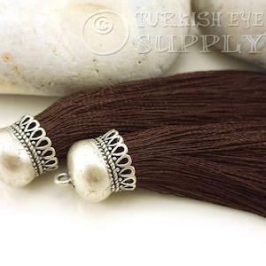 Brown Tassel Pendant, Handmade Silk Thread Tassel, Silver Tassel Necklace, Tassel Charms, Tassel Earring Findings, Tassel Jewelry, 1pc