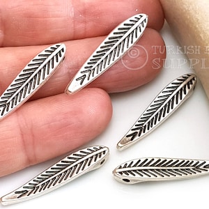 Silver Feather Charms, Leaf Beads, Large Feather Pendant, Silver Feather, Leaf Pendant, Antique Silver Plated, Leaf Jewelry Findings, 6Pc