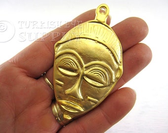 African Mask Pendant, Large Tribal Mask Pendant, Gold Mask Pendant, Ethnic Jewelry Supplies, Tribal Pendants, Gold Jewelry, 1 pc