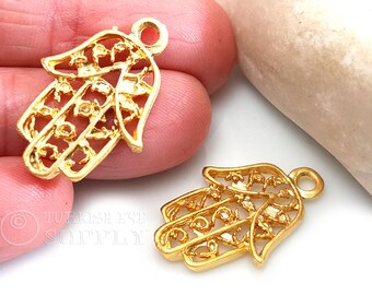 Gold Hamsa Charm, Filigree Hamsa Pendant, Filigree Hand Of Fatima, Gold Hamsa Jewelry Findings, 3Pc