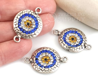 Pave Evil Eye Charm, Silver Evil Eye Connector Charm, Round Eye Disc Bracelet Charm, CZ Eye, 1pc