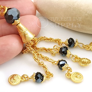 Gold Chain Tassel, Gold Tassel With Black Crystal And Coin Charms, 22k Gold Plated,  Gold Tassel, Tassel Necklace, Earring Tassel, 1pc