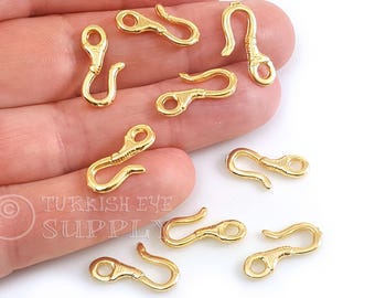24k Shiny Gold Plated Hook Clasps, Fish Hook Clasps, Bracelet Findings, Toggle Clasp Findings, 10 pc