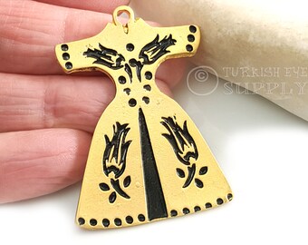 Ciondolo caftano in oro con motivo a tulipano nero, gioielli turchi ottomani, ciondolo caftano, ciondolo con veste del sultano, 1 pezzo