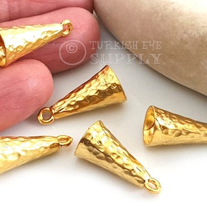 Gold Cone Caps, Hammered Bead Cap with Loop, Gold Bead End Caps, Large Cone Caps, Turkish Jewelry Findings, 2 Pc