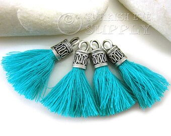 Turquoise Tassel, Mini Cotton Tassel, Antique Silver Plated Cap, Tassel Earrings, Tassel Bracelet, Tassel Findings, Tassel Necklace, 4pc