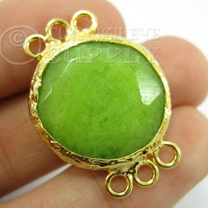 Green Gemstone Connector, Faceted Gemstone Pendant, Gold Bezel Connector, 22mm Round Jade Connector, Gemstone Findings, Multi Loop Connector